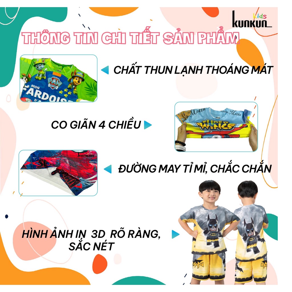 Đồ bộ tay ngắn thun lạnh avengers Cloudy cho bé trai và bé gái size 10-40kg - Set đồ bộ trẻ em từ 3-12 tuổi KunKun TP114