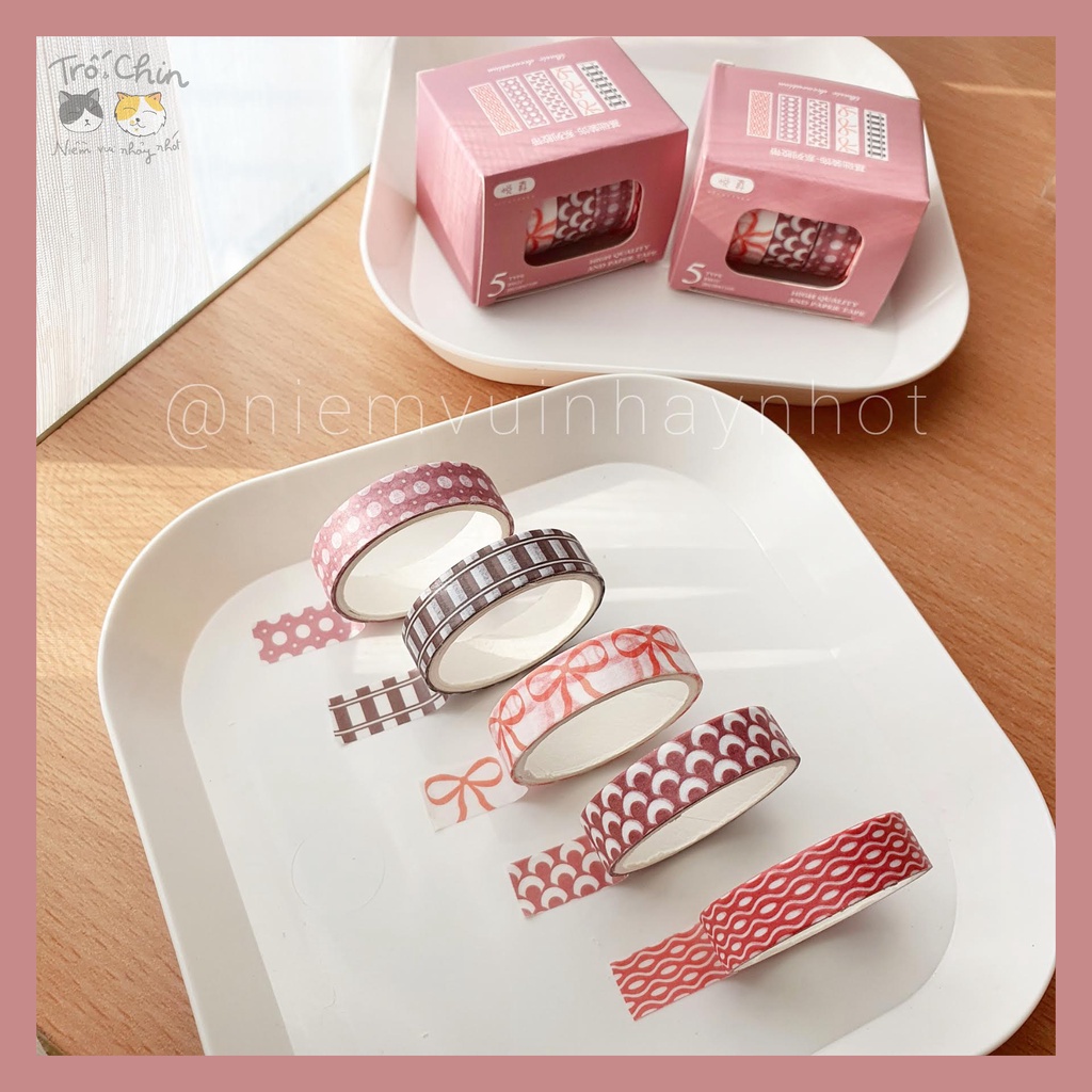 [ẢNH THẬT] [LOẠI MÀU 1-4] Hộp 5 cuộn Washi tape Băng dính dán nhiều họa tiết nhiều màu Masking tape (1cm*2m)