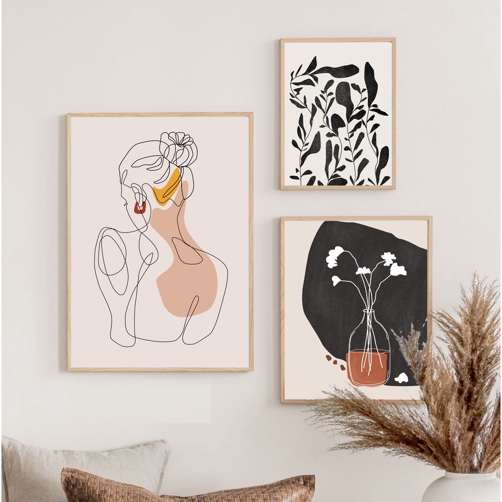 Set 3 tranh canvas trang trí treo tường khung vân gỗ, tặng kèm đinh treo