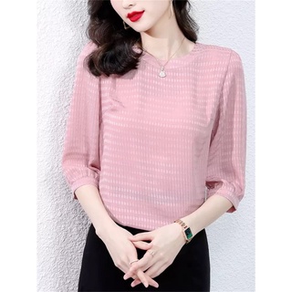 Áo Kiểu Áo Nữ Ngắn Tay Cổ Tròn Mùa Hè Chất Liệu Lụa Mềm Mát