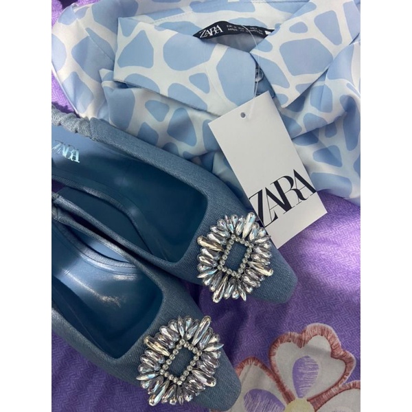 Zara Giày mule denim đế bệt đính đá