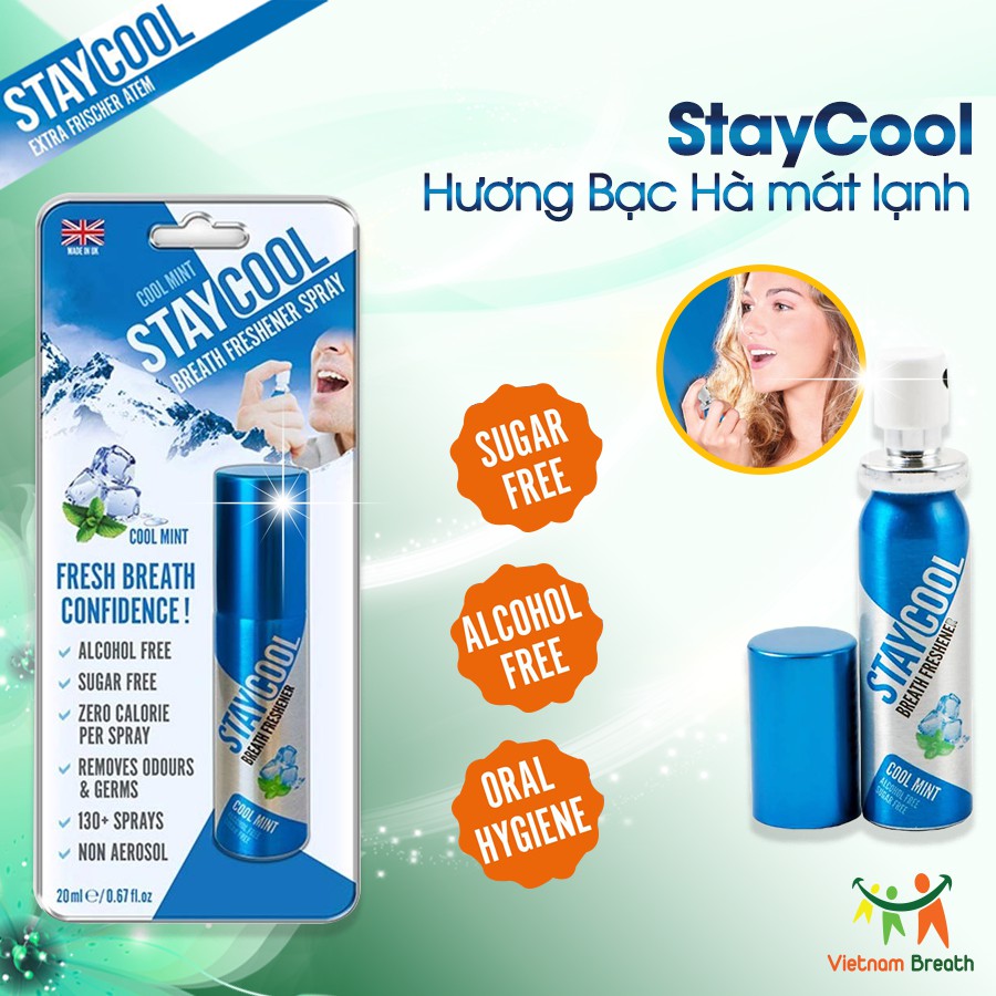 Xịt thơm miệng kháng khuẩn StayCool từ Anh Quốc - Hương Bạc Hà mát lạnh (Dạng vỉ)