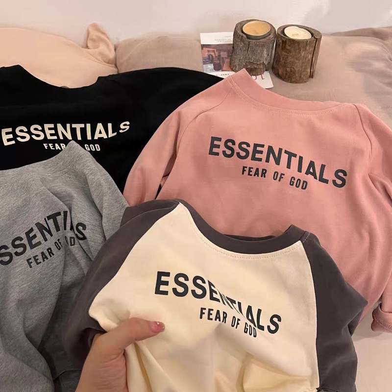 Áo Phông Cotton Dài Tay Thu Đông Cho Bé Trai Bé Gái Chữ Essentials Size 8-20kg