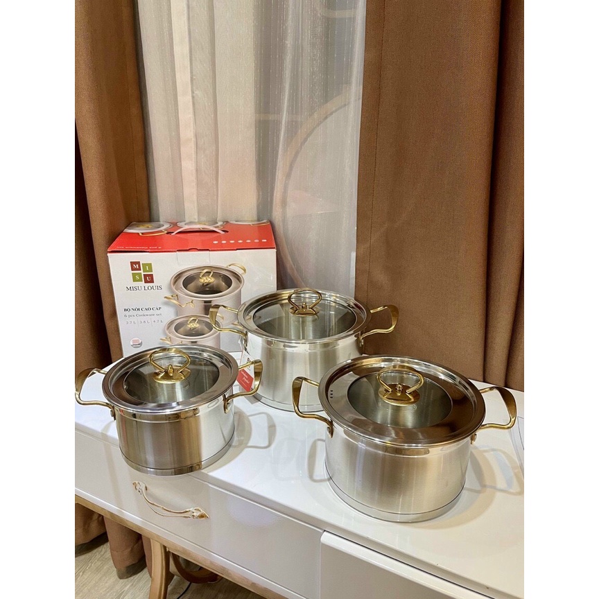 Bộ 3 nồi Misu Louis inox 304 cao cấp, bộ nồi inox đáy 3 lớp sử dụng cho mọi loại bếp giữ nhiệt nấu nhanh