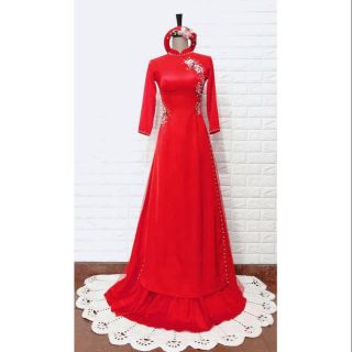 Áo dài lụa đỏ 2tà thêu