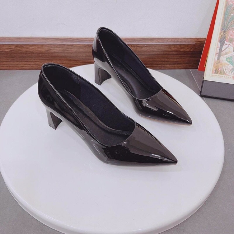 Giày cao gót da bóng mũi nhọn gót dẹt 5cm