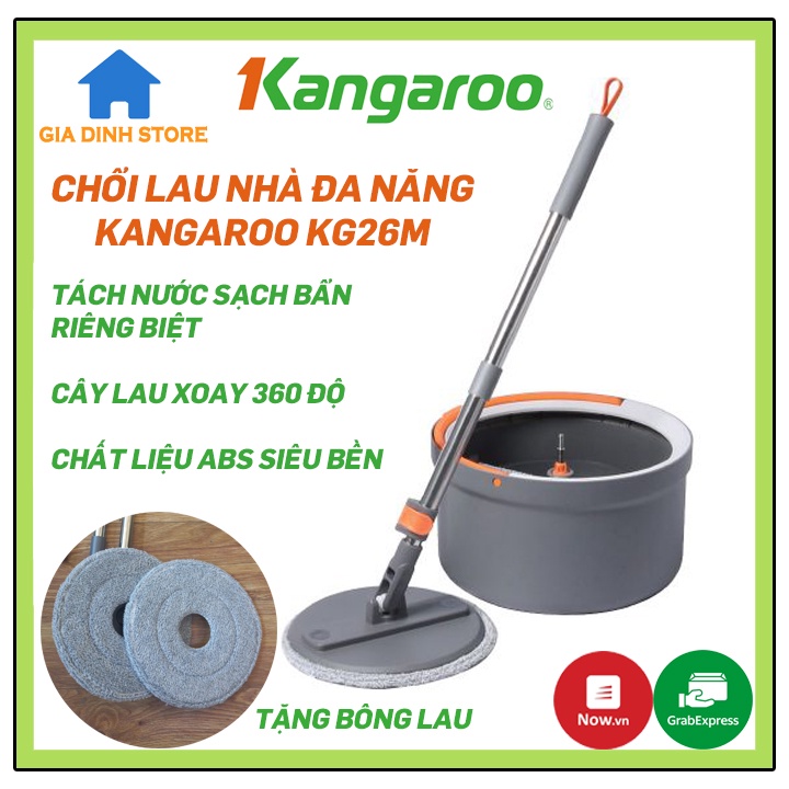 Cây lau nhà Kangaroo KG26M, chổi lau nhà tách nước sạch bẩn thông minh, tự vắt, xoay 360, bh 1 đổi 1