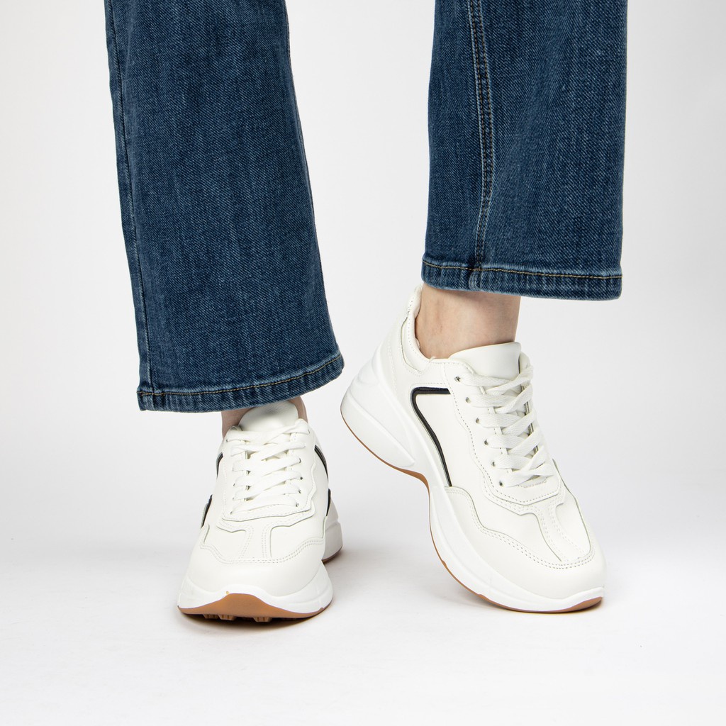 Giày MWC 0531 - Giày Thể Thao Nữ Đế Cao Da Phối Sọc Năng Động Cá Tính Màu Trắng Kem