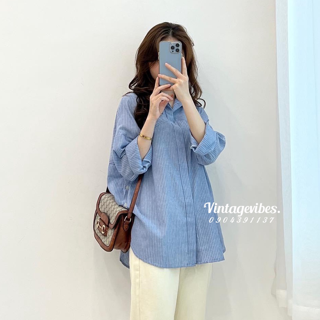Áo sơ mi Hàn Quốc, Áo sơ mi dáng rộng kẻ sọc dài tay kẻ kiểu style Hàn Quốc