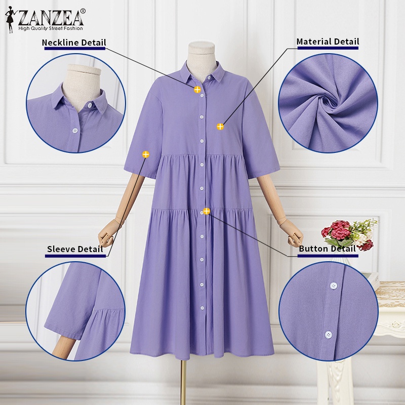 Đầm midi chữ A ZANZEA tay ngắn màu trơn có nút cài thời trang cho nữ