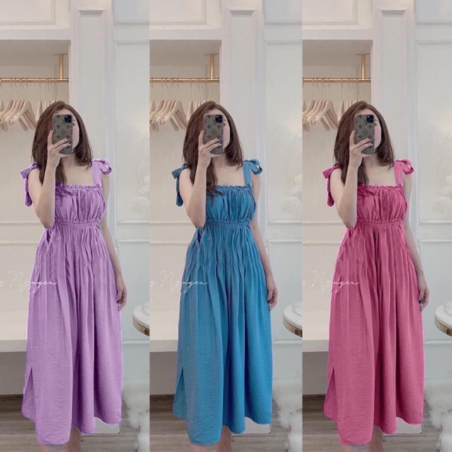BÁN SỈ Váy maxi nữ 2 dây nhún nơ vai cực xinh DK48