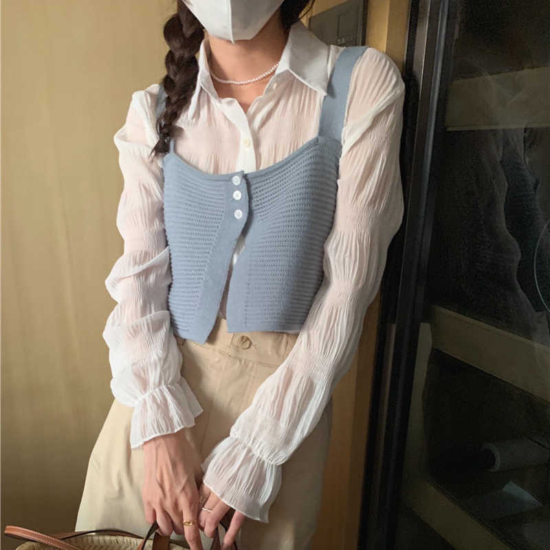 SUXI Set Áo Sơ Mi Dài Tay Trong Suốt + Áo Len Không Tay Phong Cách Hàn Quốc Dành Cho Nữ