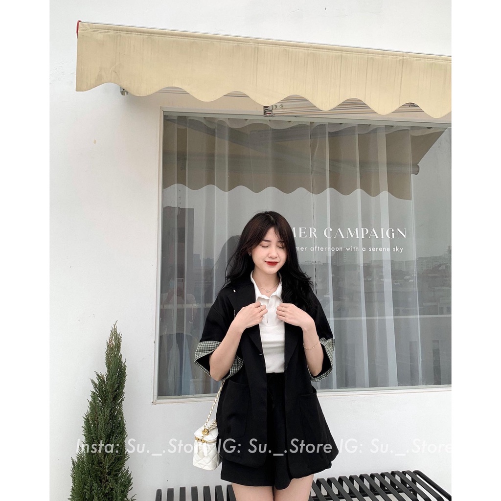 Set áo blazer tay pha kẻ kèm quần S323 SUSTORE