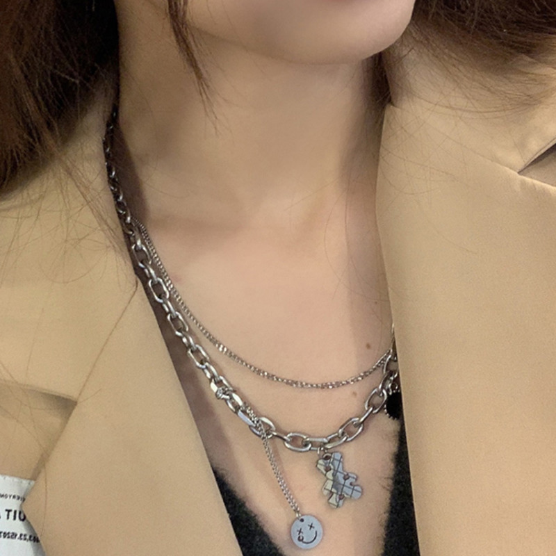 Dây chuyền hai lớp gấu mặt cười dễ thương phong cách hip hop đơn giản dễ phối