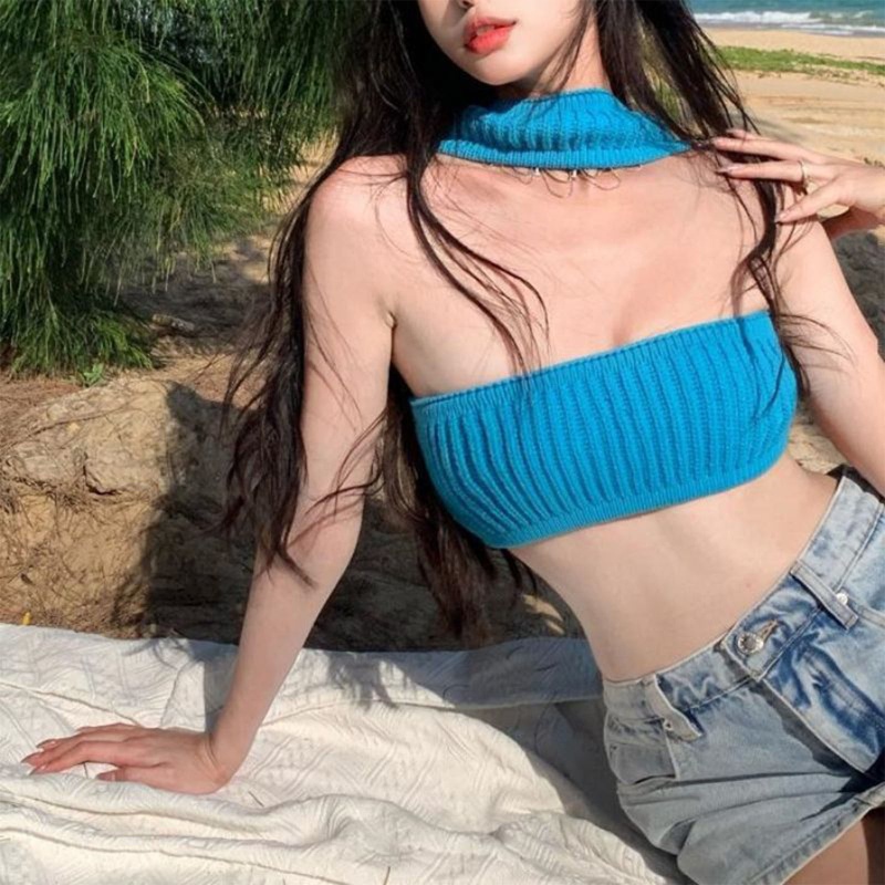 Brroa Áo Croptop Dệt Kim Hở Vai Có Gân Khoét Rỗng Gợi Cảm Đi Biển Cho Nữ