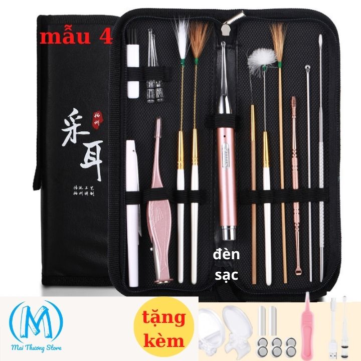 Dụng cụ lấy ráy tai, nhíp lấy ráy tay, bộ lấy ráy tai hộp gỗ sang trọng tích hợp đèn soi