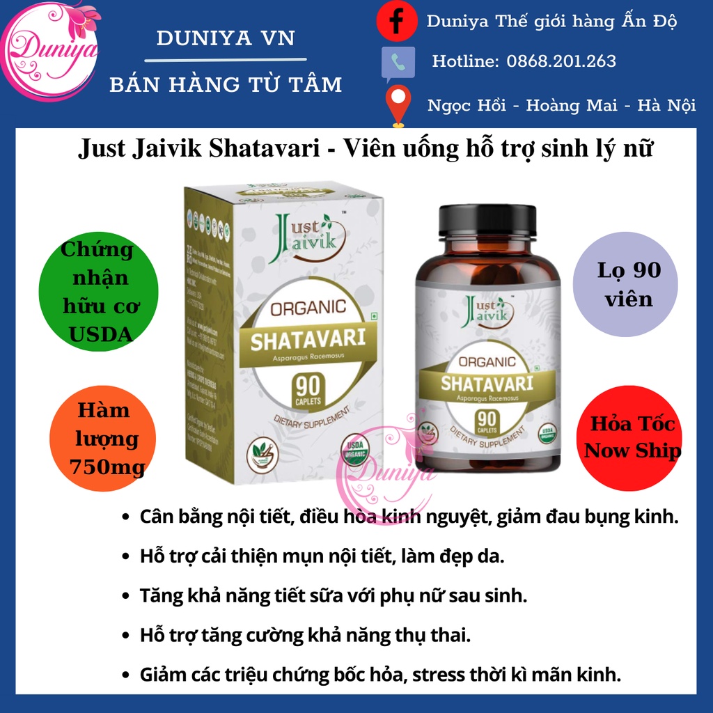 Viên uống hỗ trợ nội tiết Just Jaivik Shatavari 750 mg