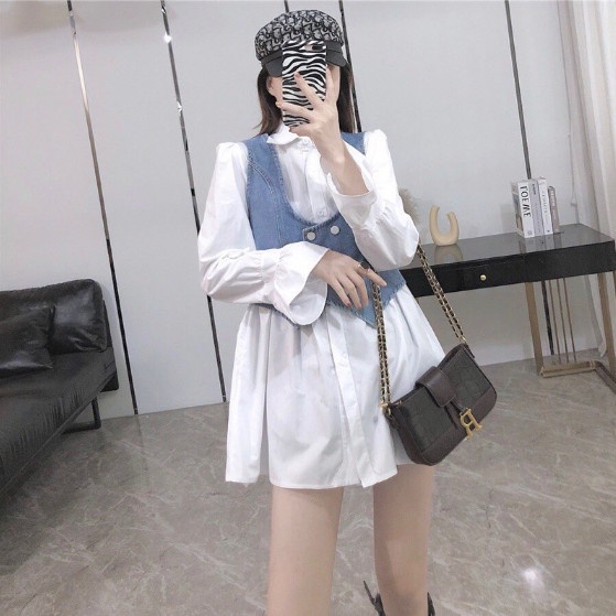 Váy bầu Sơ Mi Trắng Kèm Áo Gile Xanh sang chảnh- set 2 in 1 cực đẹp tkutrang