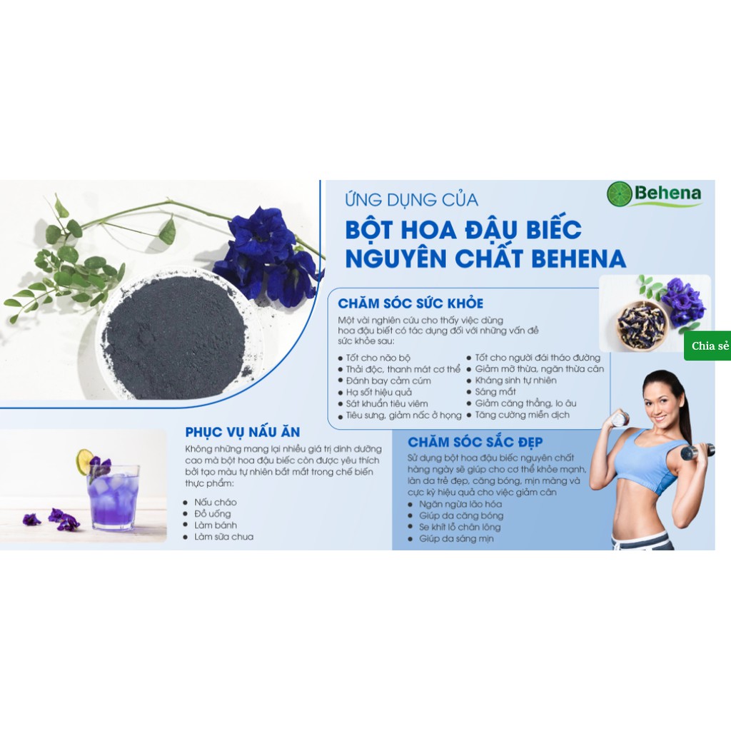 Bột Hoa Đậu Biếc Nguyên Chất Sấy Lạnh Behena (Hộp 50g) - detox giảm cân, thanh lọc cơ thể, bột tạo màu tự nhiên