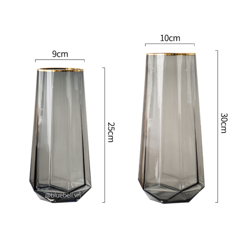 Lọ Hoa Thuỷ Tinh Màu Decor Miệng Rộng, Bình Hoa Viền Vàng Đáy Đa Giác Phong Cách Bắc Âu Cao Cấp BlueBell