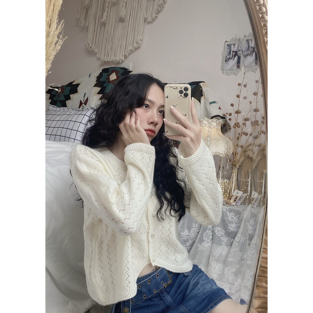 (ảnh thật Mint) Áo cardigan len khuyết dáng crop lửng