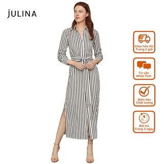 Đầm maxi cổ polo kẻ sọc vải thô cao cấp sang trọng Julina - JD638