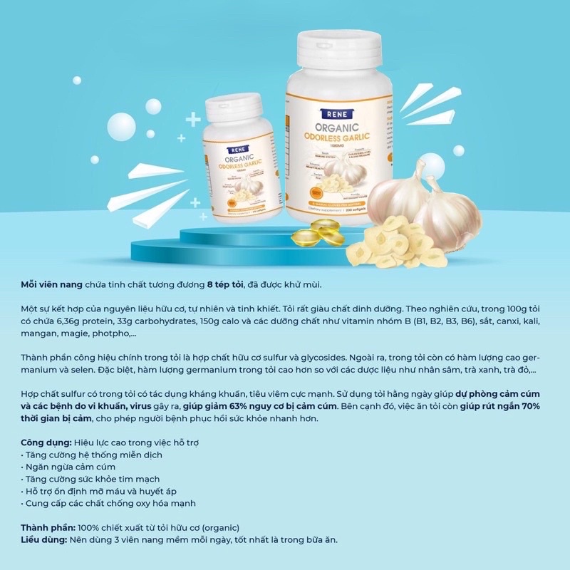 Tinh dầu Tỏi hữu cơ khử mùi RENE Organic Odorless Garlic 1080 mg chai 200 viên từ Mỹ USA