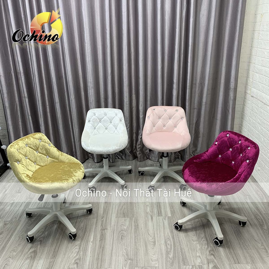 Ghế Xoay Văn Phòng, Ghế Spa Phun Xăm  Mẫu Nỉ Nhung Đính Đá Cách Điệu Chân Trắng (Ảnh Thật Shop Chụp)