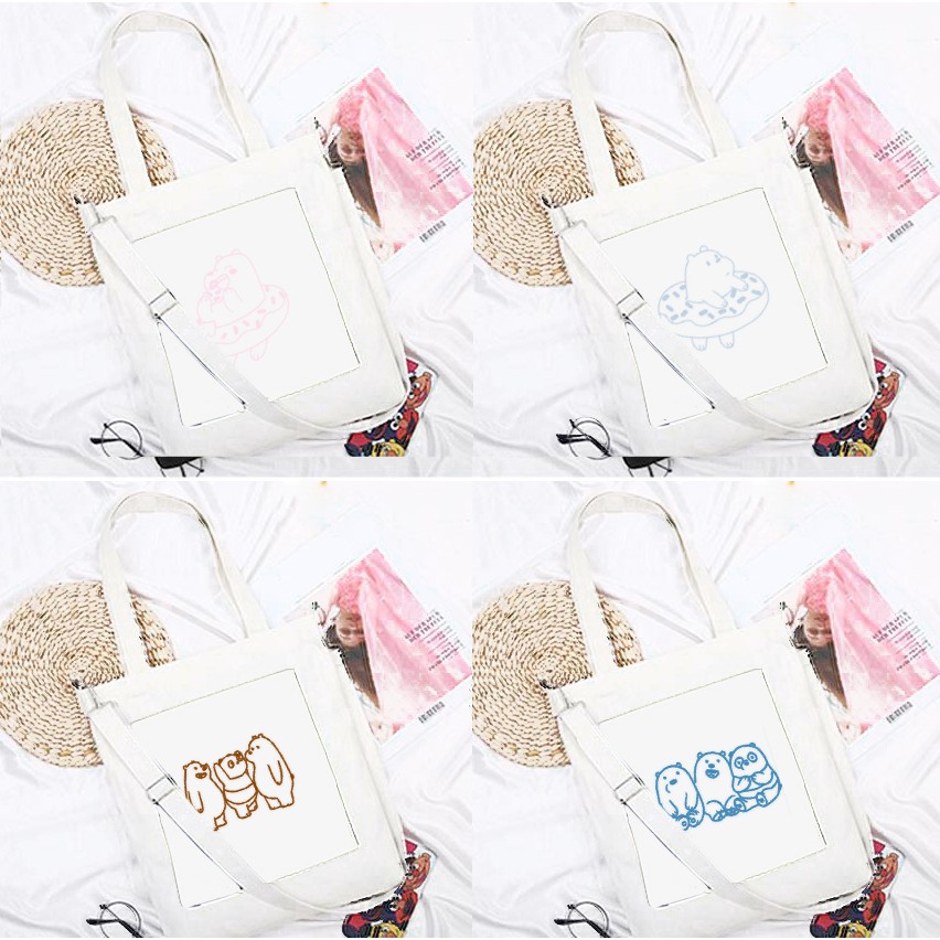 Túi tote thêu ba anh em gấu TTT15 túi 2 lớp đeo chéo bare bear cute dễ thương