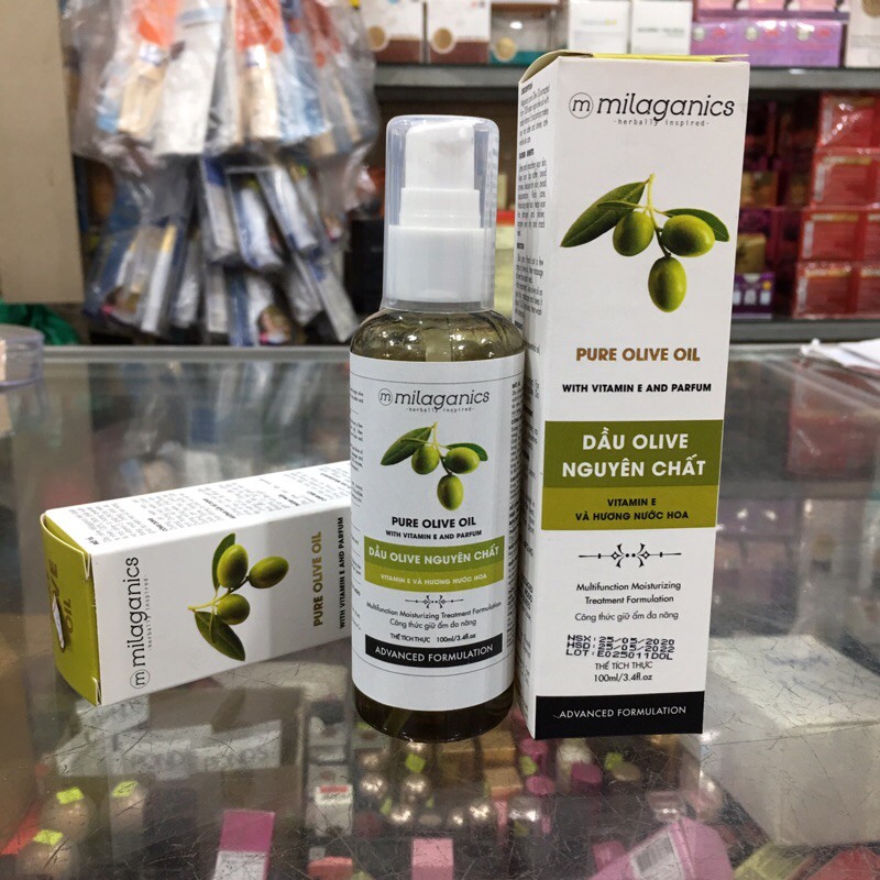 Dầu olive nguyên chất Milaganics 100ml vitamin E và hương nước hoa