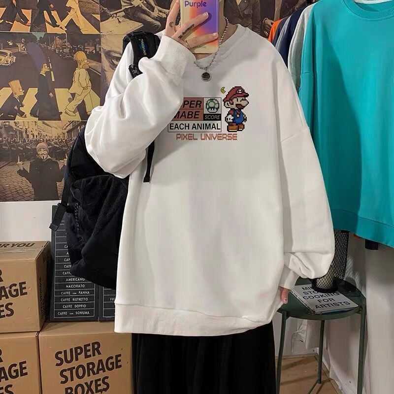 Áo Sweater Tay Dài Cổ Tròn Dáng Rộng Phong Cách Hồng Kông Cá Tính Cho Nam