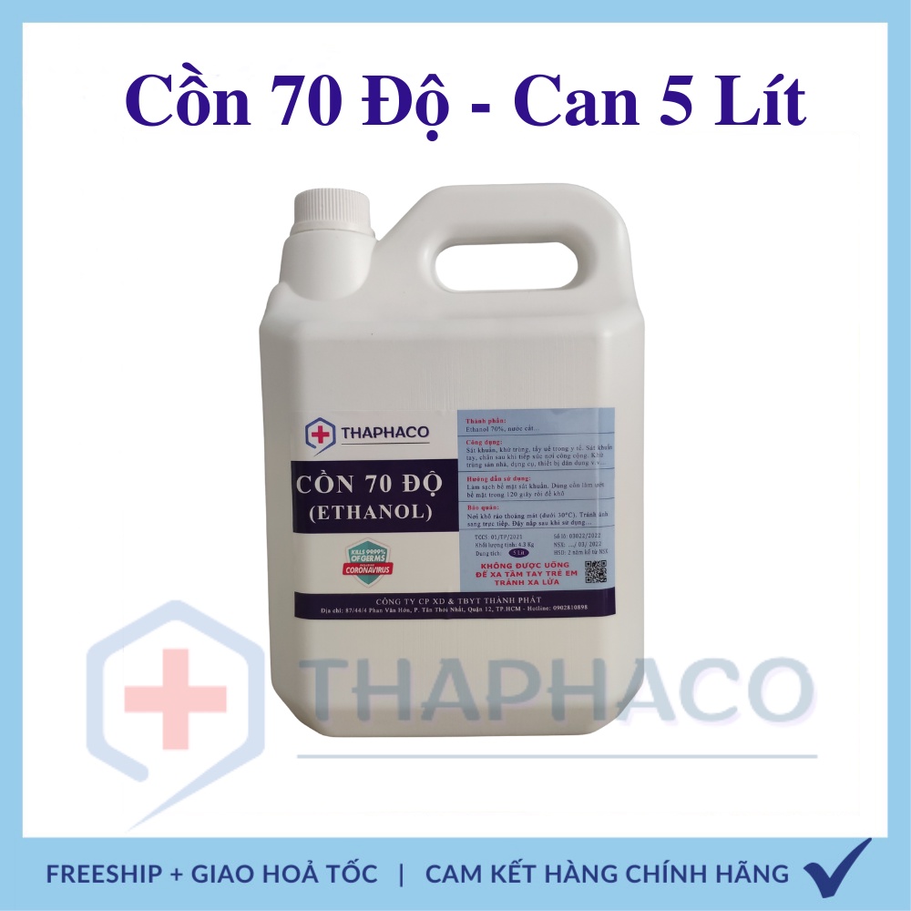 - Cồn Ethanol 70 Độ Sát Khuẩn THAPHACO - Can 5 Lít (không mùi)