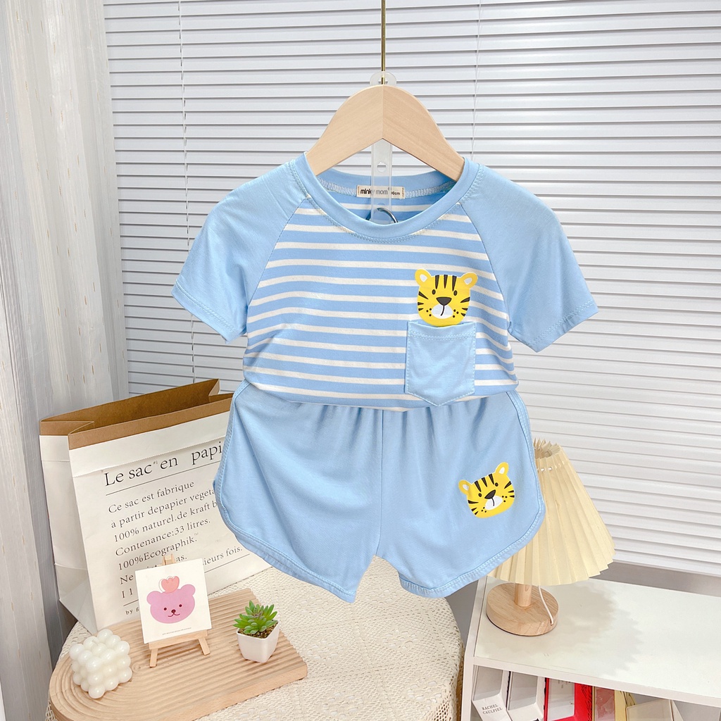 Bộ cộc tay cho bé trai bé gái, Bộ cộc tay Minky mom chính hãng thun lạnh vải sọc dệt có túi cho bé từ 7-28kg
