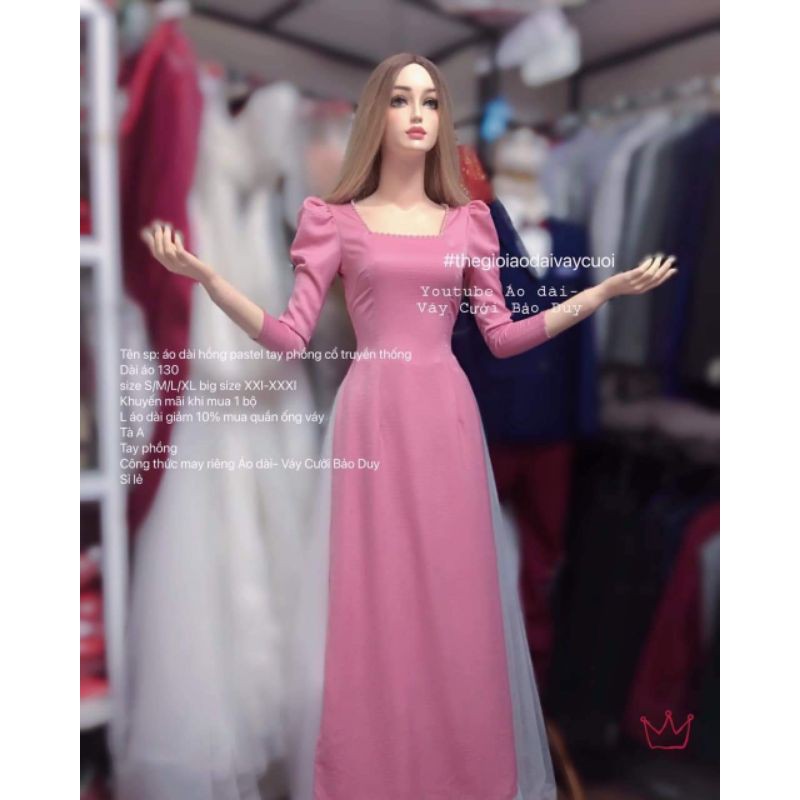 áo dài cổ vuông tay phồng hồng pastel