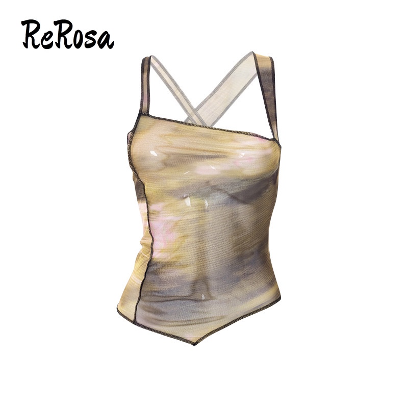 Áo Tank Top Sát Nách Phối Lưới In Họa Tiết Xinh Xắn Thời Trang Cho Nữ