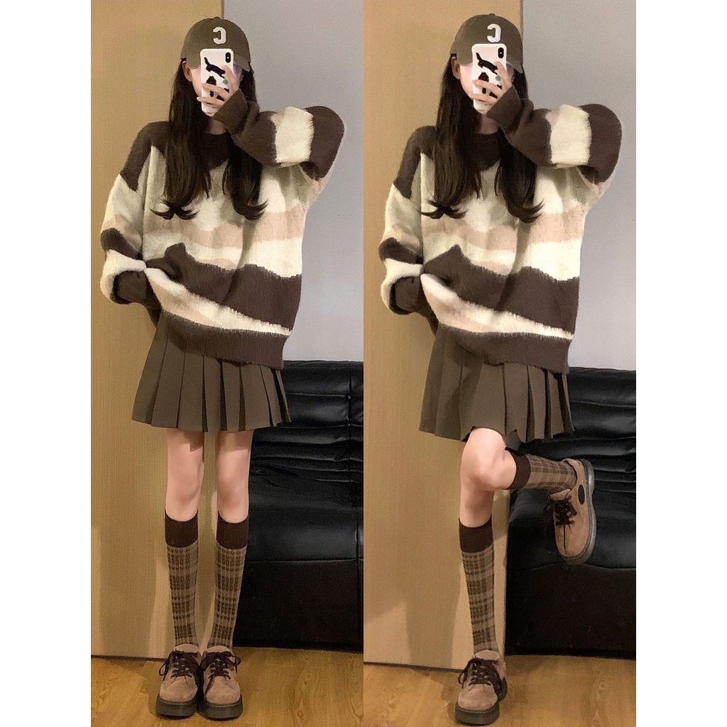 Jiashucheng Áo Sweater Dáng Rộng Mềm Kẻ Sọc Màu Tương Phản Thời Trang Thu Đông Cho Nữ