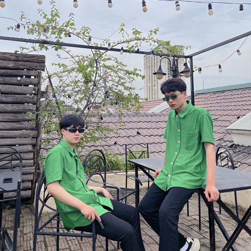 Áo Sơmi Xanh lá Cộc tay Nam nữ Hàng thiết kế Siêu hot