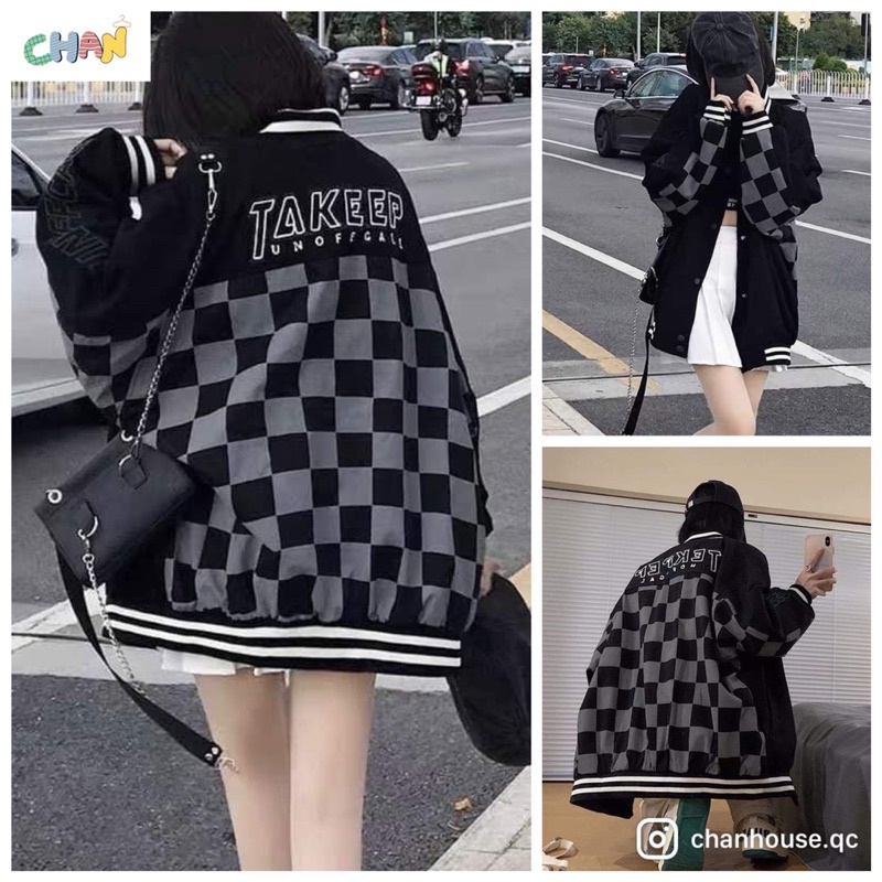 Áo Khoác Bomber Caro Takkep Màu Đen Cực Ngầu, Áo Khoác Nỉ Nữ Cực Xinh
