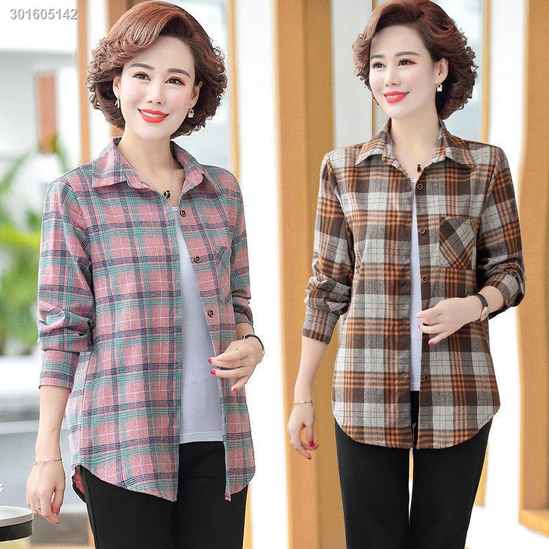 Single/Fleece Mother s Wear Large Size Pure Cotton Western-style Shirt Jacket Middle-aged and Elderly Women Plaid Shirt Top/Set