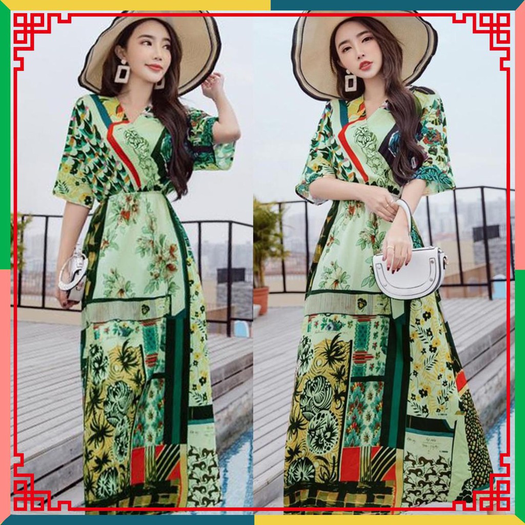 Đầm xoè eo bo thun hoạ tiết  chất vải silk mềm mát  đầm đi chơi | BigBuy360 - bigbuy360.vn