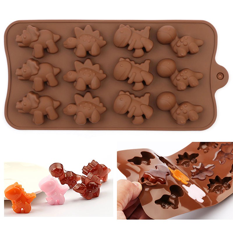 Khuôn Silicone 12 Ngăn Tạo Hình Khủng Long Dễ Thương Trang Trí Bánh