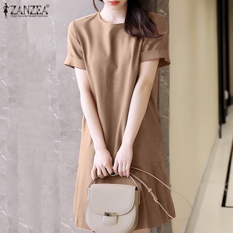 Zanzea Đầm Dài Tay Ngắn Cổ Tròn Phong Cách Thời Trang Đường Phố Dành Cho Nữ