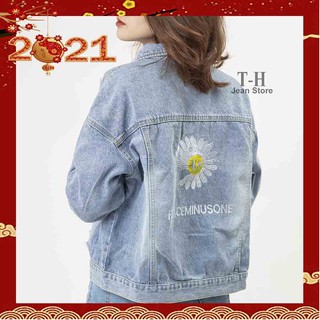 Áo khoác bò jean nữ thêu hoa cúc phối chữ Peace phong cách ulzzang unisex - Lung Fashion