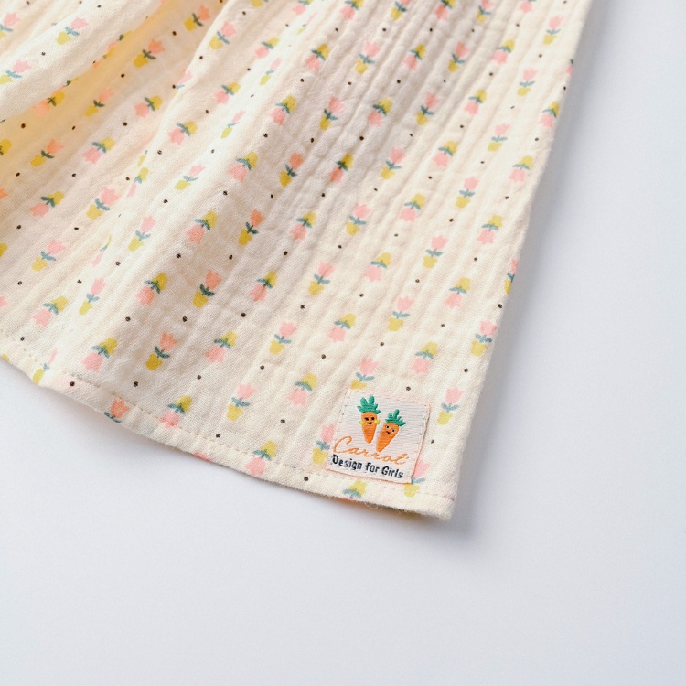 Váy Bé Gái Carrot Đầm Xòe Tay Lỡ Cổ Sen, Họa Tiết Hoa Tulip Nhí, Chất Xô Muslin Mềm, Thoáng Mát