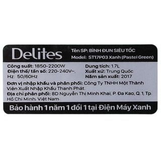 Bình đun siêu tốc Delites 1.7 lít ST17P03 Xanh công suất 2200w