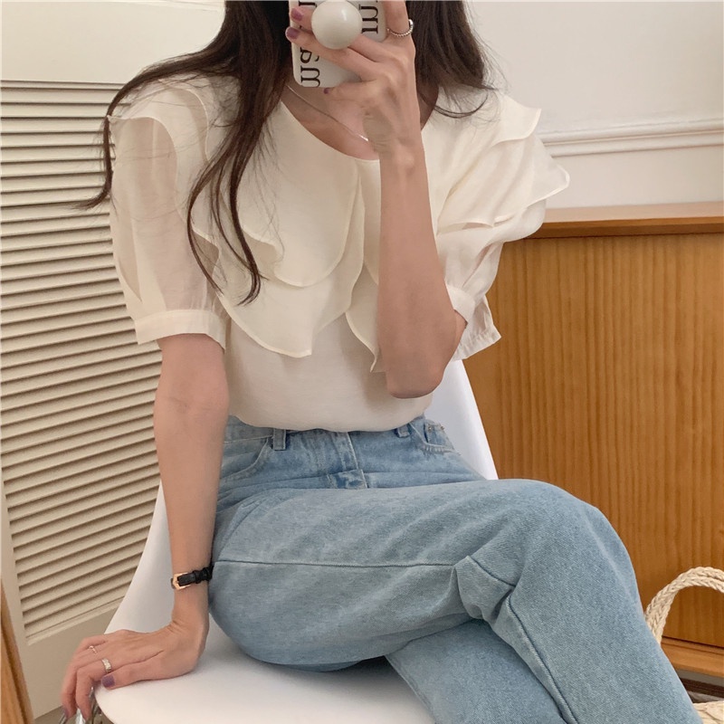 SUXI Áo Sơ Mi Tay Ngắn Dáng Rộng Cổ Bèo Màu Sắc Đơn Giản Phong Cách Hàn Quốc Thời Trang Mùa Hè