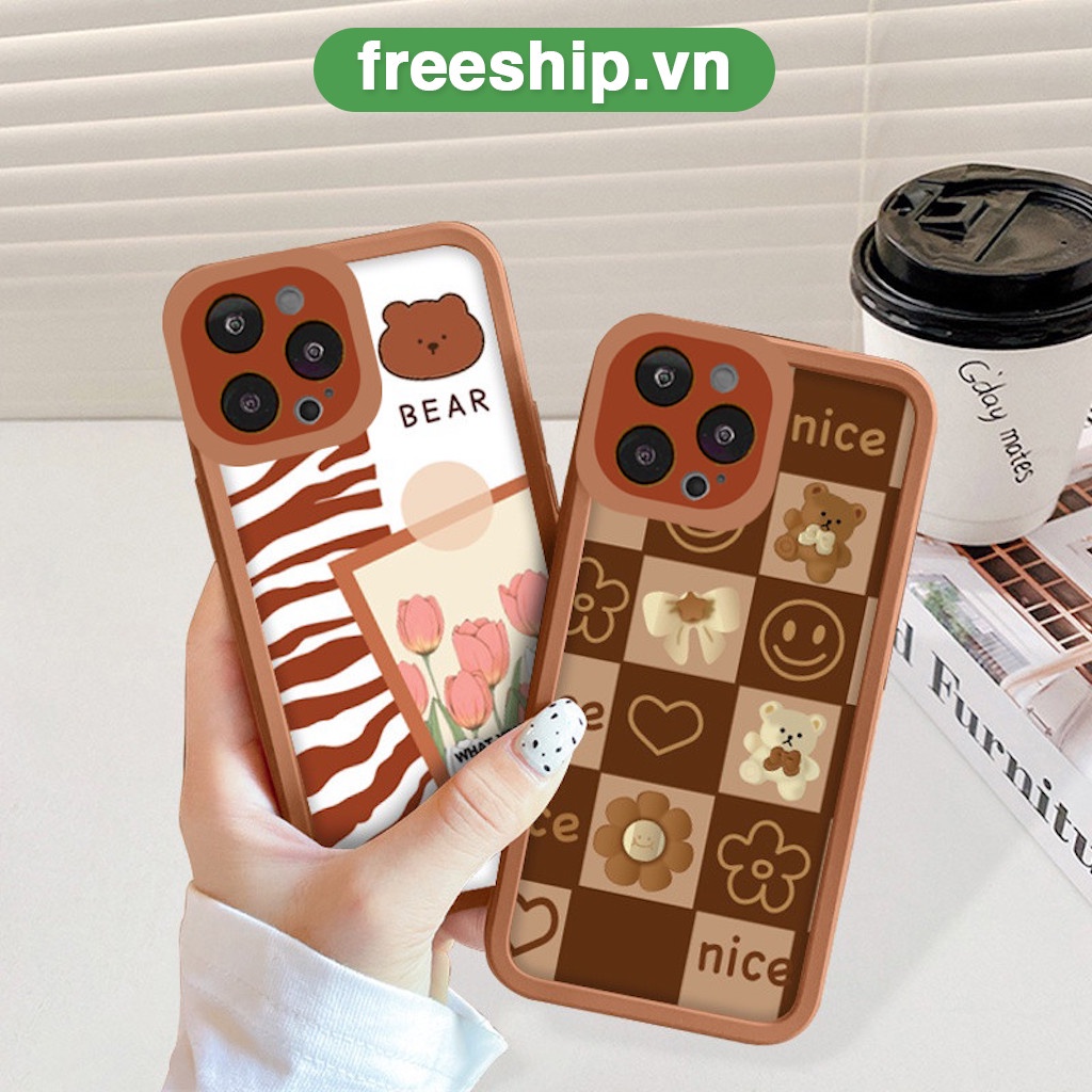 Ốp lưng iphone cạnh vuông lỗ camera gấu hoa 6s/6splus/7/7plus/8/8plus/x/xr/xs/11/12/13/pro/max/plus/promax
