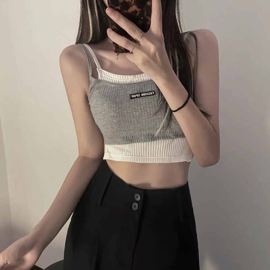 MS223 Áo 2 dây len tăm phối màu dáng croptop năng động