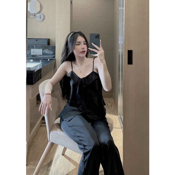 Đồ Ngủ, Đồ Bộ, Pijama Nữ Áo 2 Dây Xẻ Tà Quần Dài Lụa Latin Mịn Mát Freesize