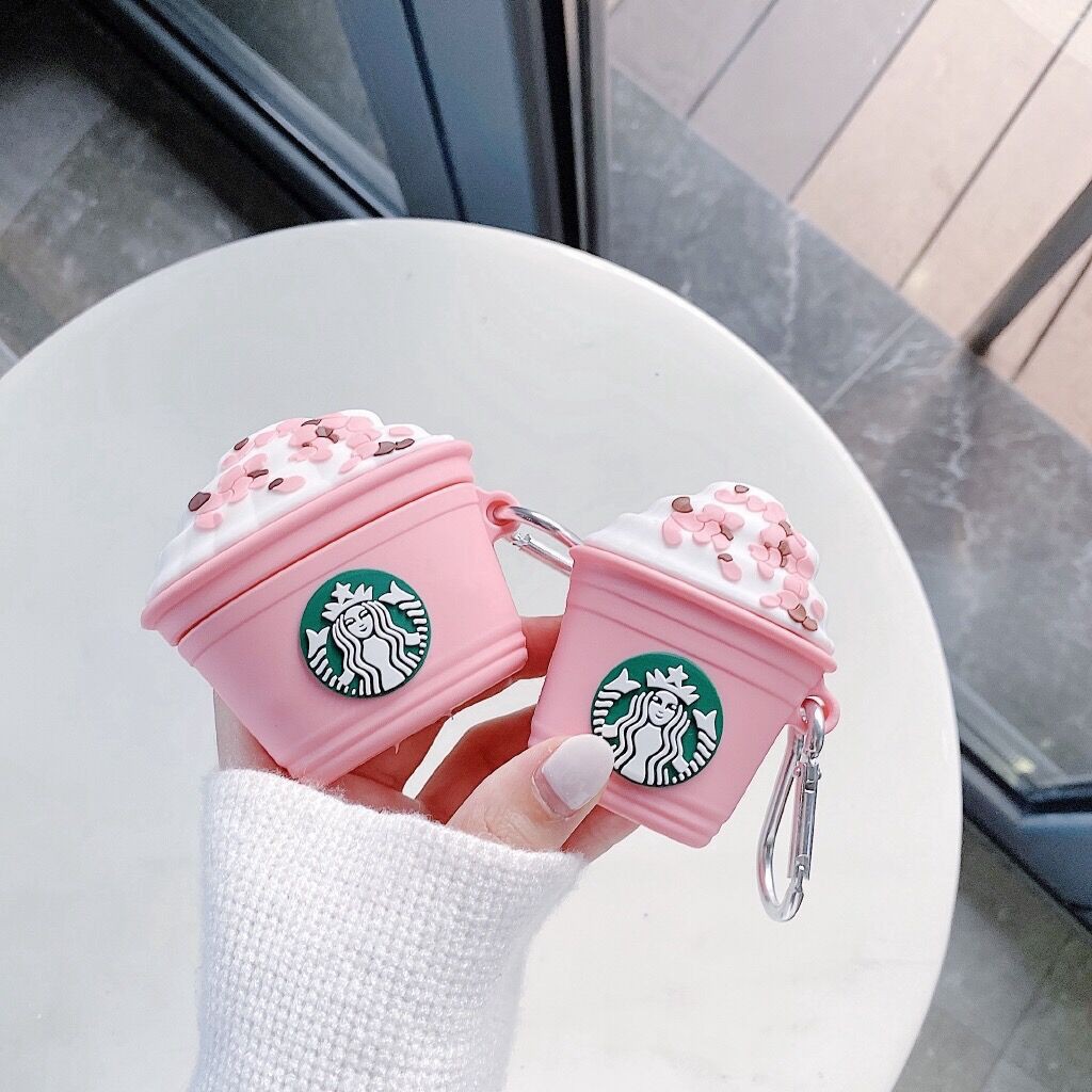 Vỏ bảo vệ hộp sạc tai nghe Airpods 1 2 hình ly kem starbucks màu hồng kèm móc treo độc đáo